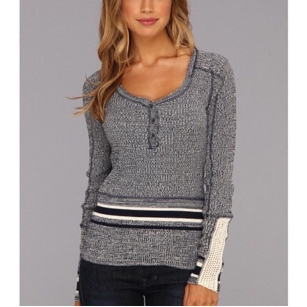 Free People Sock Monkey Henley Sz L Gray And White